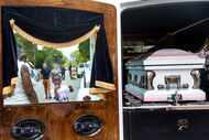 A boy points near the hearse with the casket holding the body of 9-year-old shooting victim,...