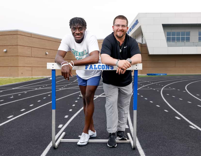 North Forney High School senior Alexander Chukwukelu (left) stands with coach Dylan Swarers...