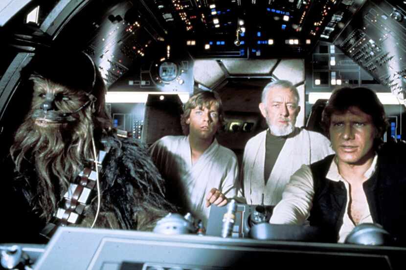  Peter Mayhew as Chewbacca; Mark Hamill as Luke Skywalker; Alec Guinness as Obi-Wan Kenobi...