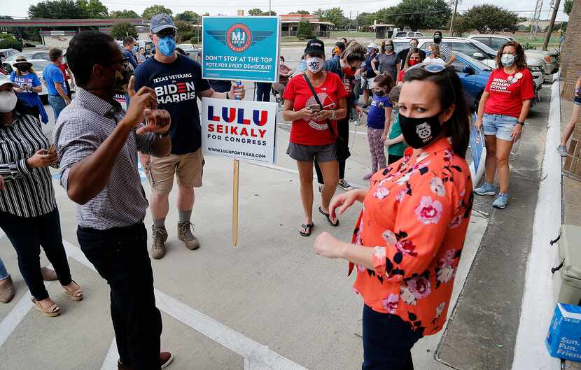 M.J. Hegar, democratic candidate for U.S. Senate, meets with supporters at the Collin County...