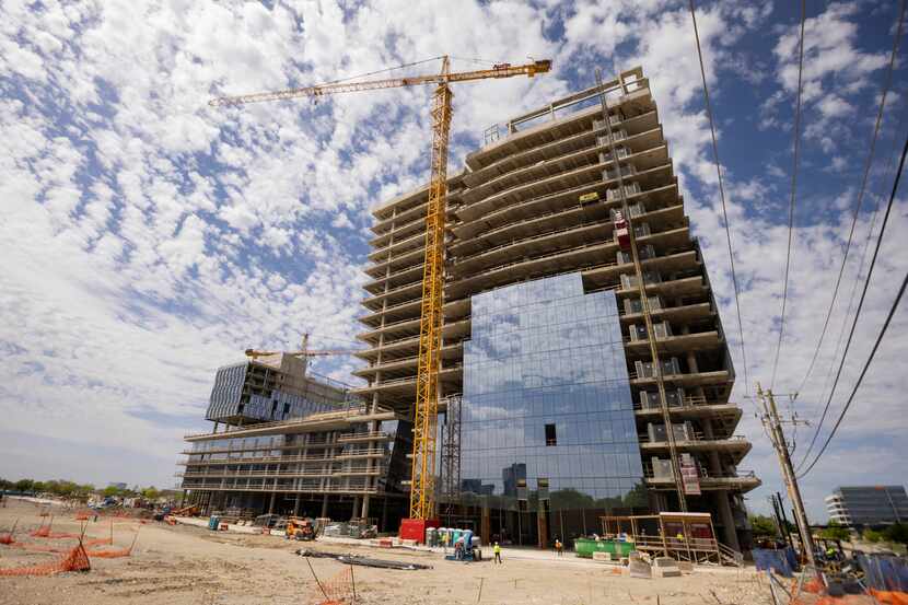 Construction continues at the office tower at 6605 Warren Parkway in Frisco on Wednesday,...