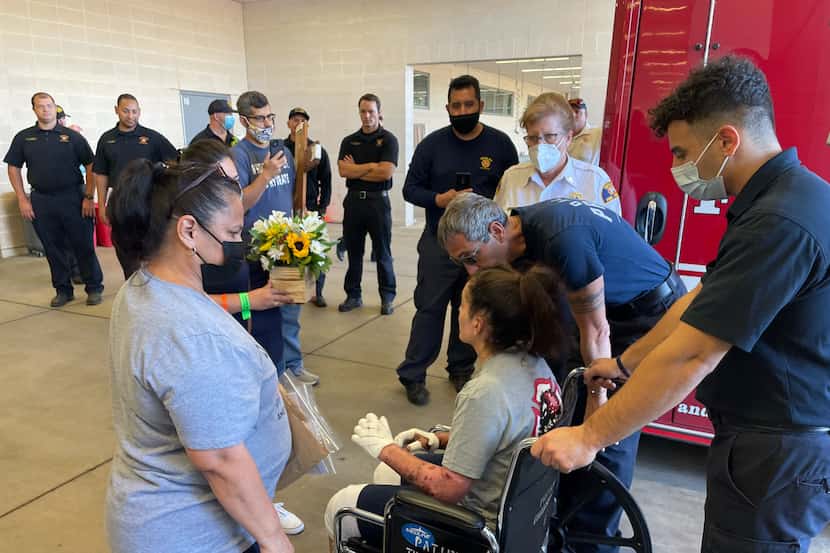 Dallas Fire-Rescue Officer Pauline Perez is discharged from Parkland Memorial Hospital on...