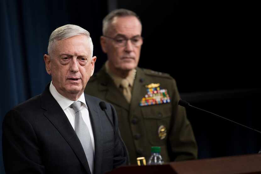 Defense Secretary James Mattis briefs reporters on the airstrikes in Syria, at the Pentagon...
