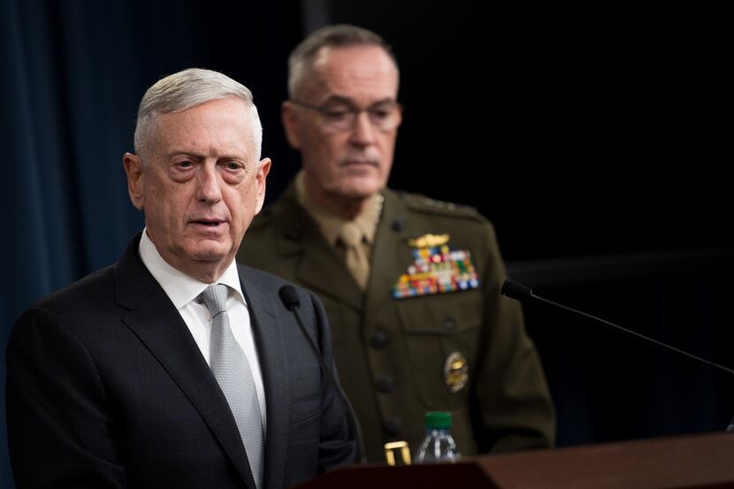 Defense Secretary James Mattis briefs reporters on the airstrikes in Syria, at the Pentagon...