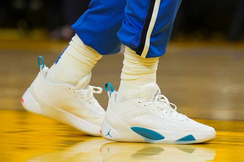 Dallas Mavericks guard Luka Doncic wears his  new signature Jordan Luka 1 colorway as he...