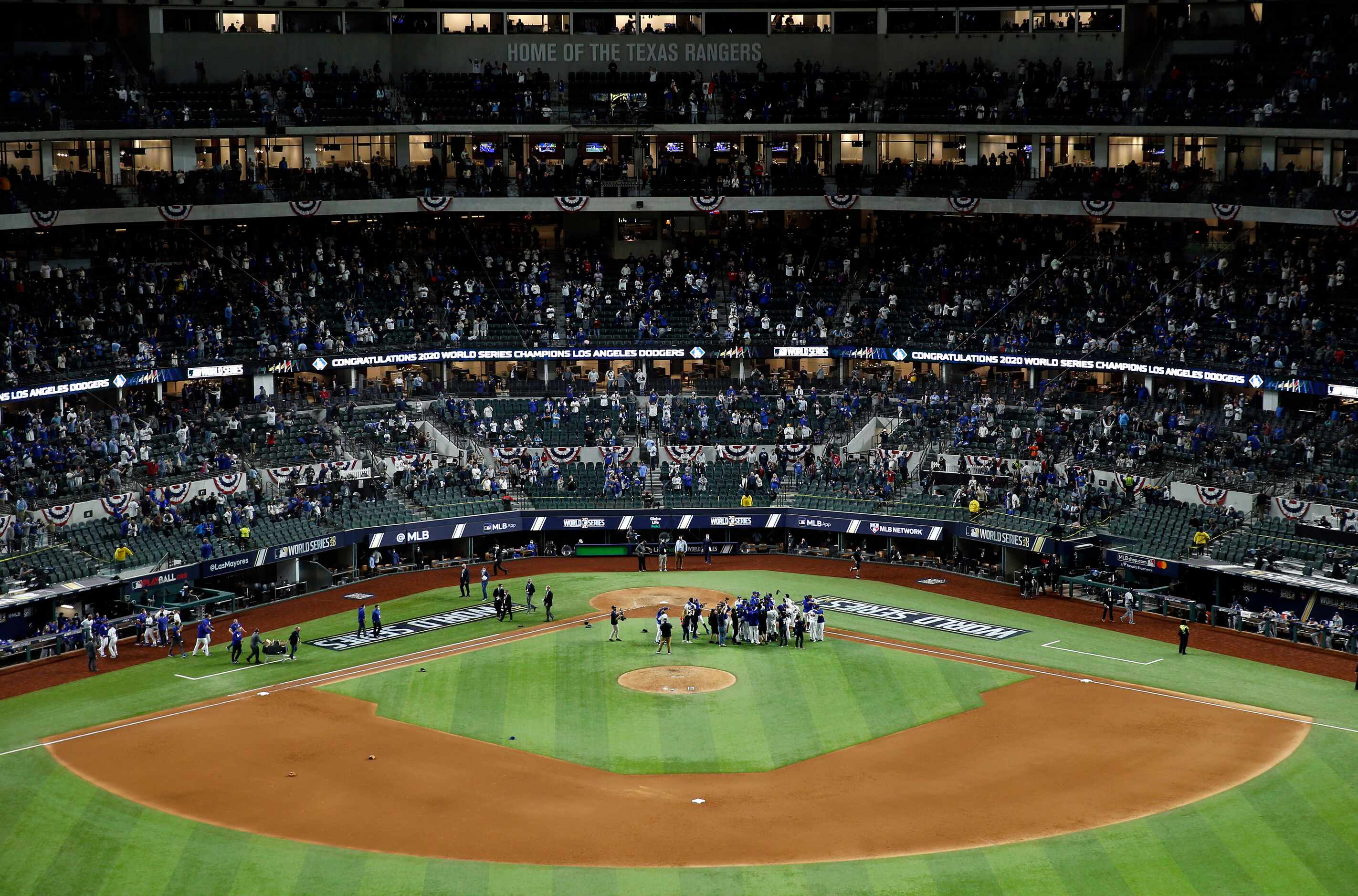 The Los Angeles Dodgers celebrate their World Series win over the Tampa Bay Rays in Game 6...