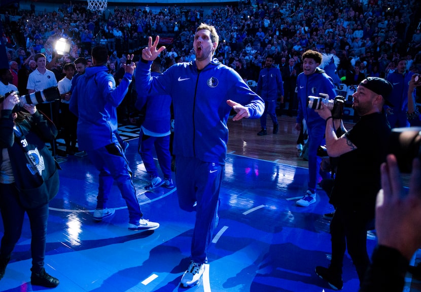 Dallas Mavericks forward Dirk Nowitzki (41) enters the court before an NBA game between the...