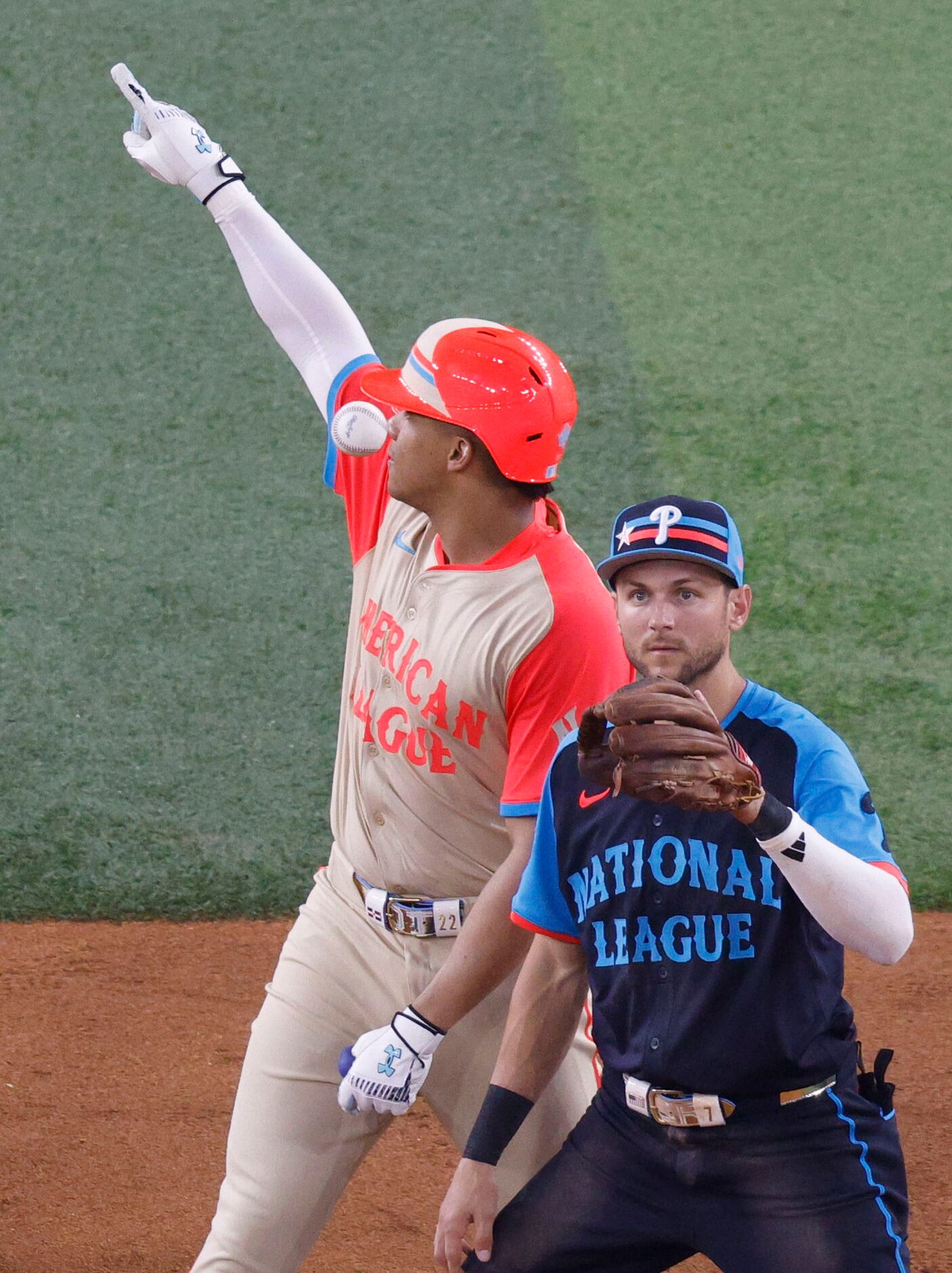 American League outfielder Juan Soto of New York Yankees (22) gestures after he hit a double...