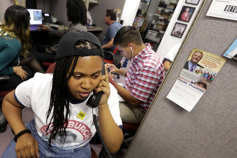 Kundai Nyamandi calls democratic supporters at the Collin County Democratic Party office in...