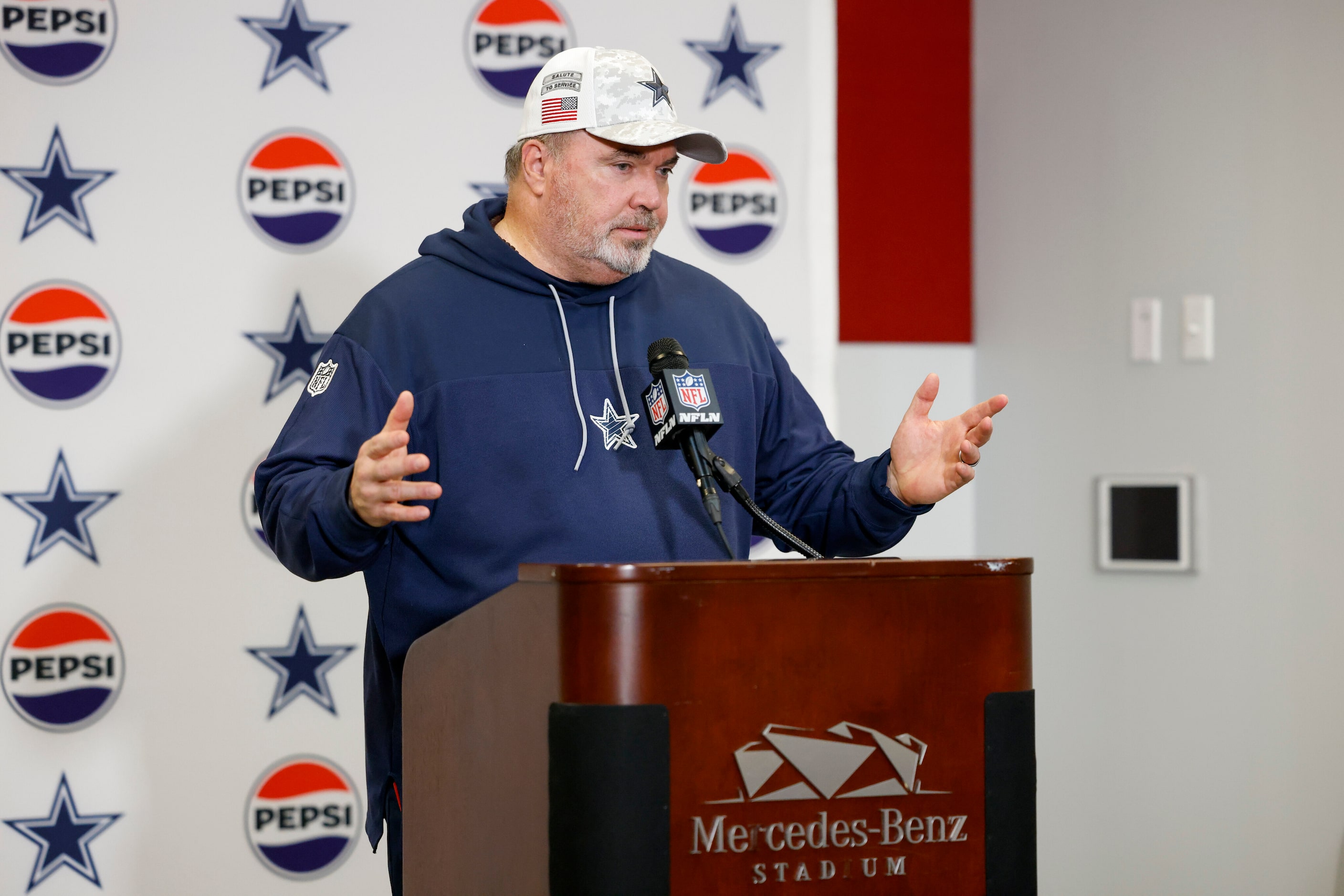 Dallas Cowboys head coach Mike McCarthy speaks during a news conference after a game against...