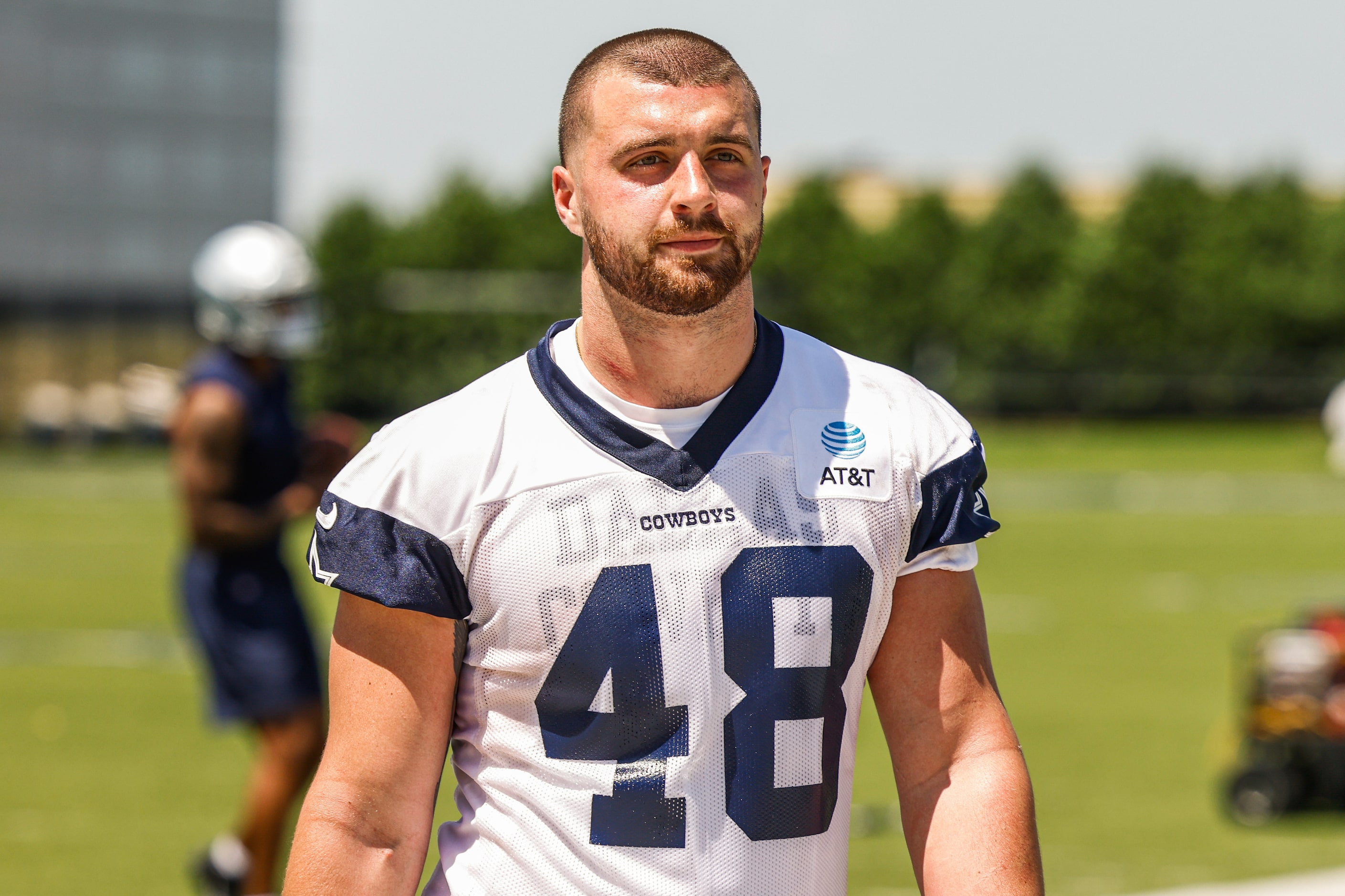 Dallas Cowboys tight end (48) Jake Ferguson as he leaves the field after a Cowboys rookie...