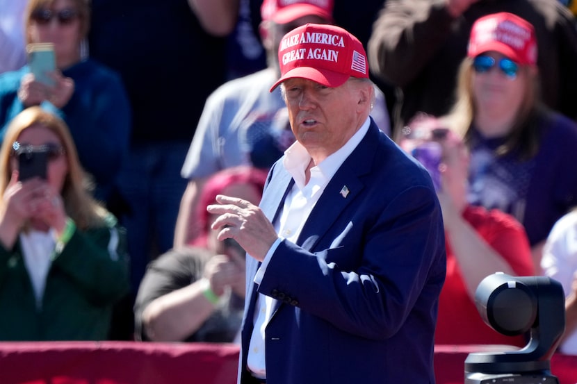 Republican presidential nominee former President Donald Trump departs after speaking at a...