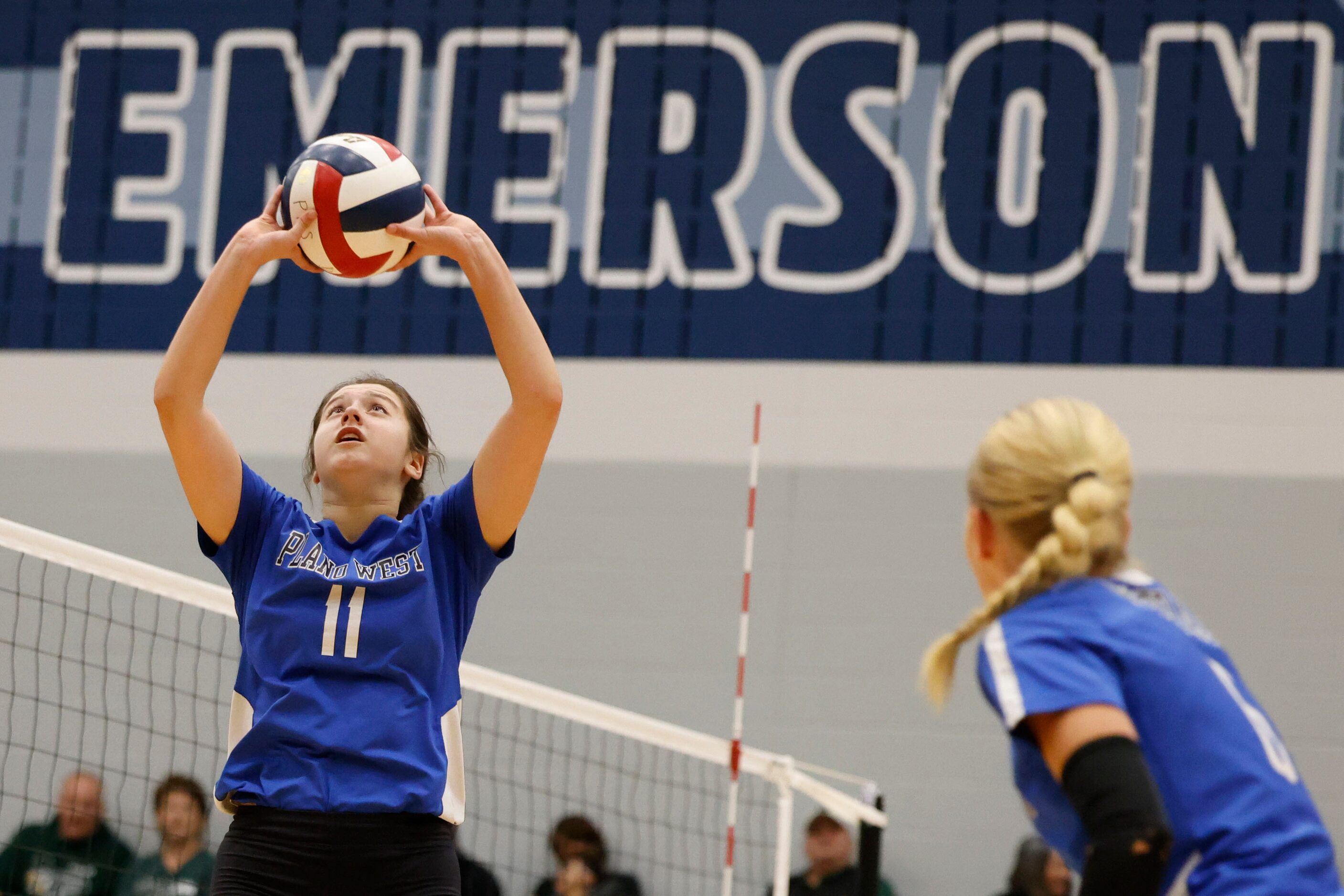 Plano West’s Gabby Seeds sets the ball against Prosper High during class 6A bi-district...