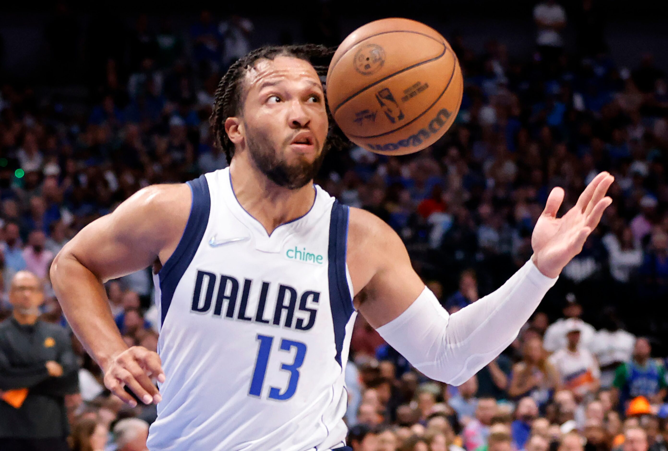 Dallas Mavericks guard Jalen Brunson (13) looks for the ball as he tries to drive the lane...