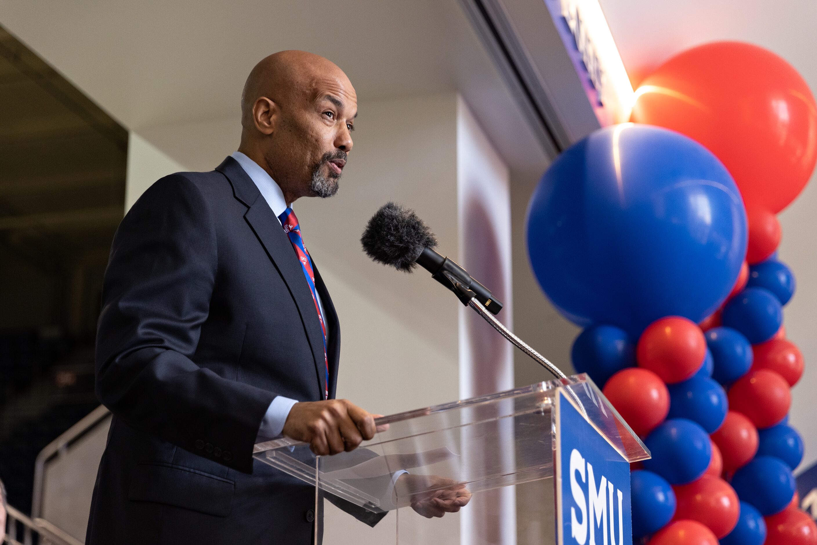 SMU’s new Head Men’s Basketball Coach Rob Lanier speaks at a press conference announcing his...