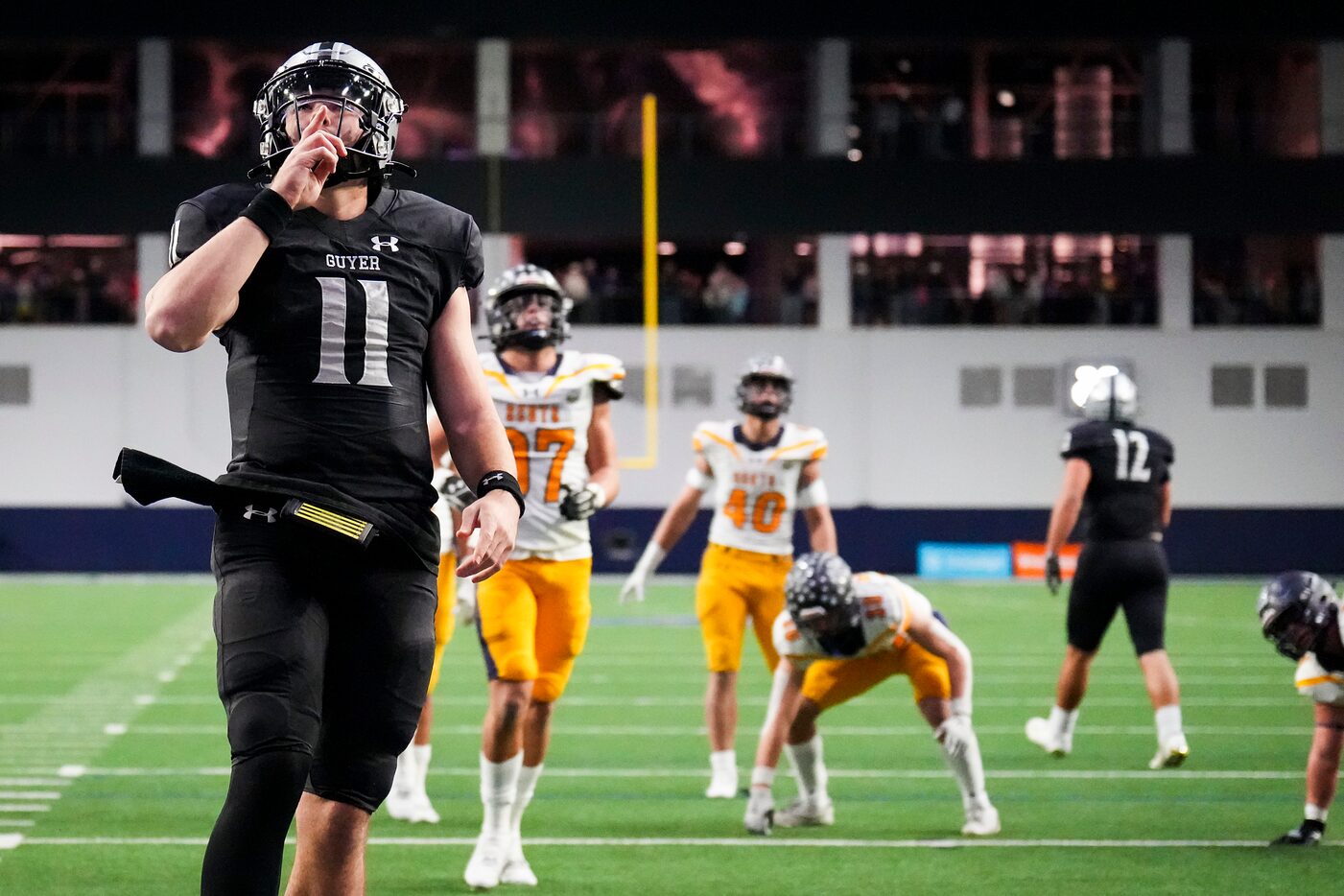 Denton Guyer quarterback Jackson Arnold (11) celebrates after scoring on a touchdown run...