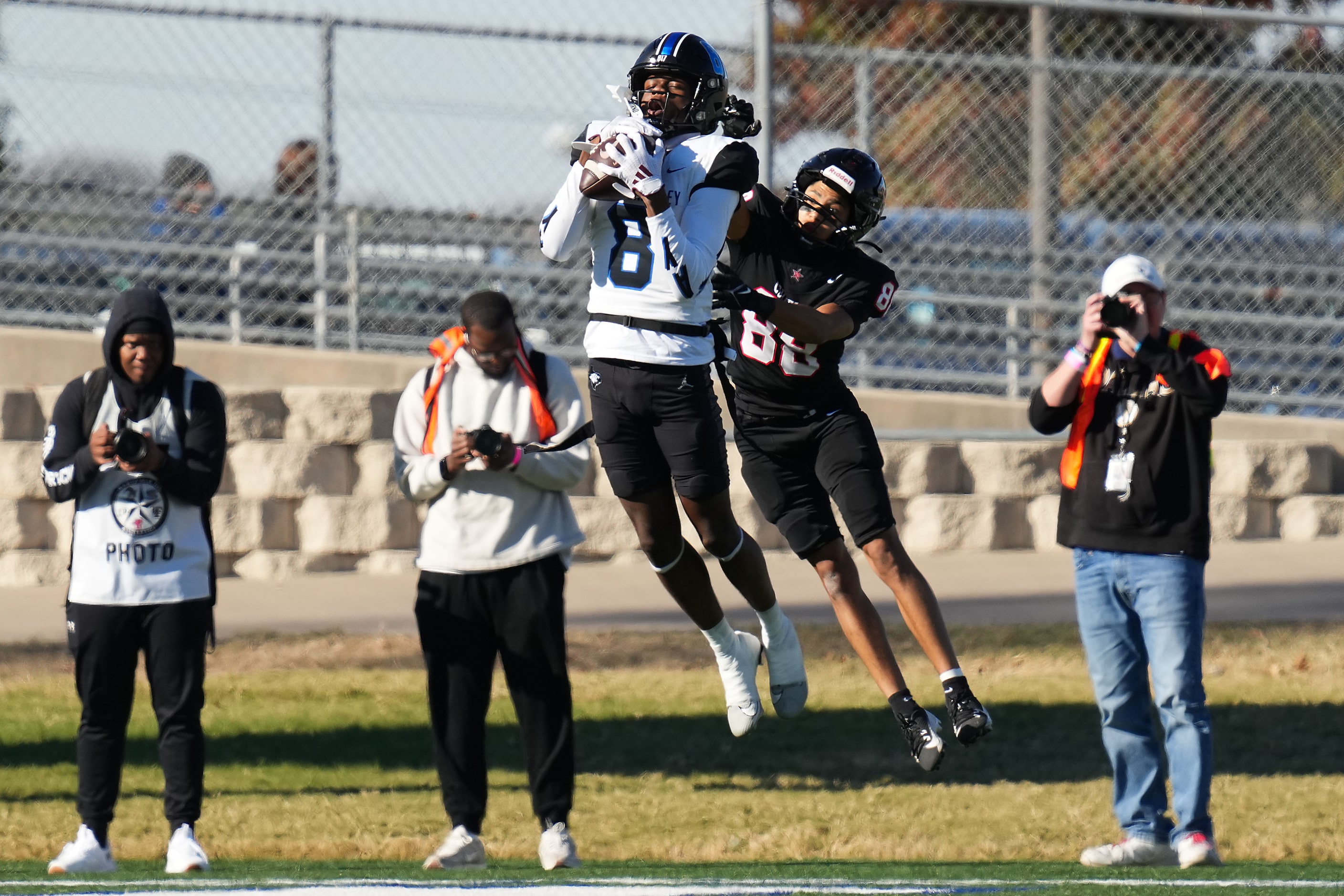 North Crowley’s Aaron Bradshaw (8) intercepts a pass intended for Coppell wide receiver...