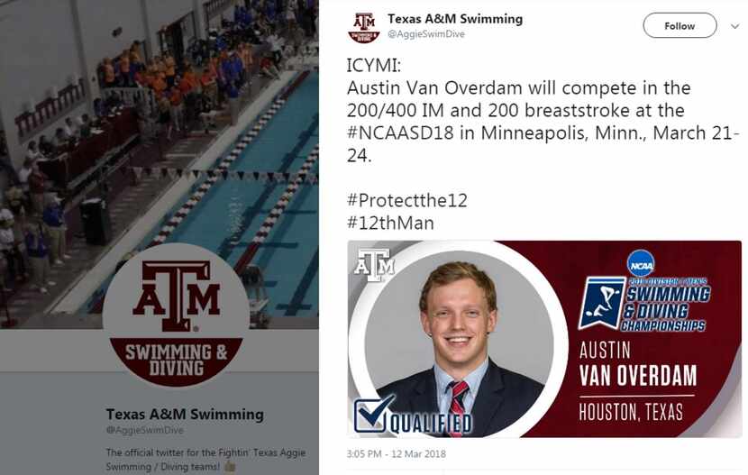 A since-deleted tweet by Texas A&M University's Swimming and Diving team promoted Austin Van...