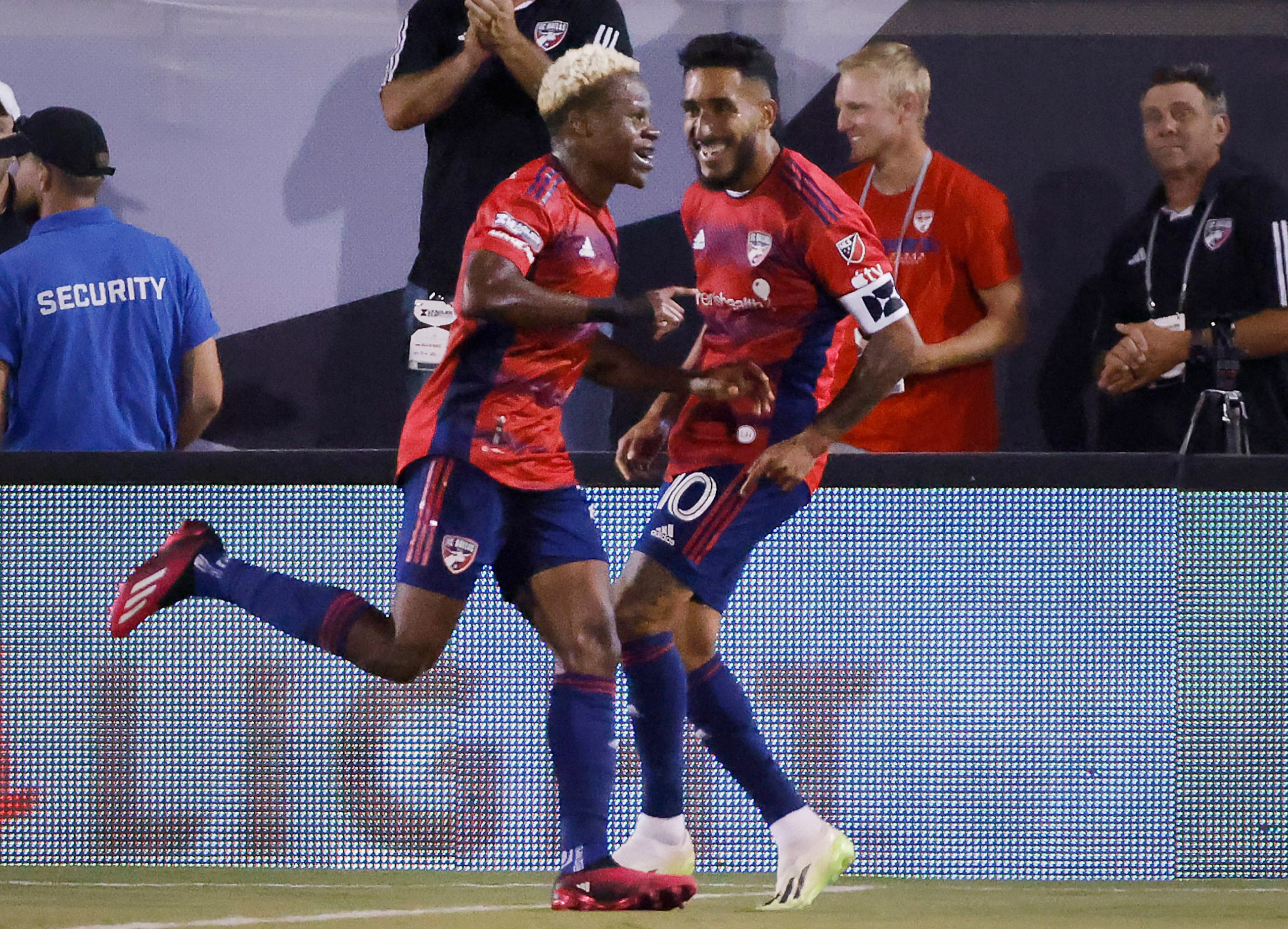 FC Dallas forward Jesús Ferreira (10) celebrates forward Bernard Kamungo’s (77) first half...