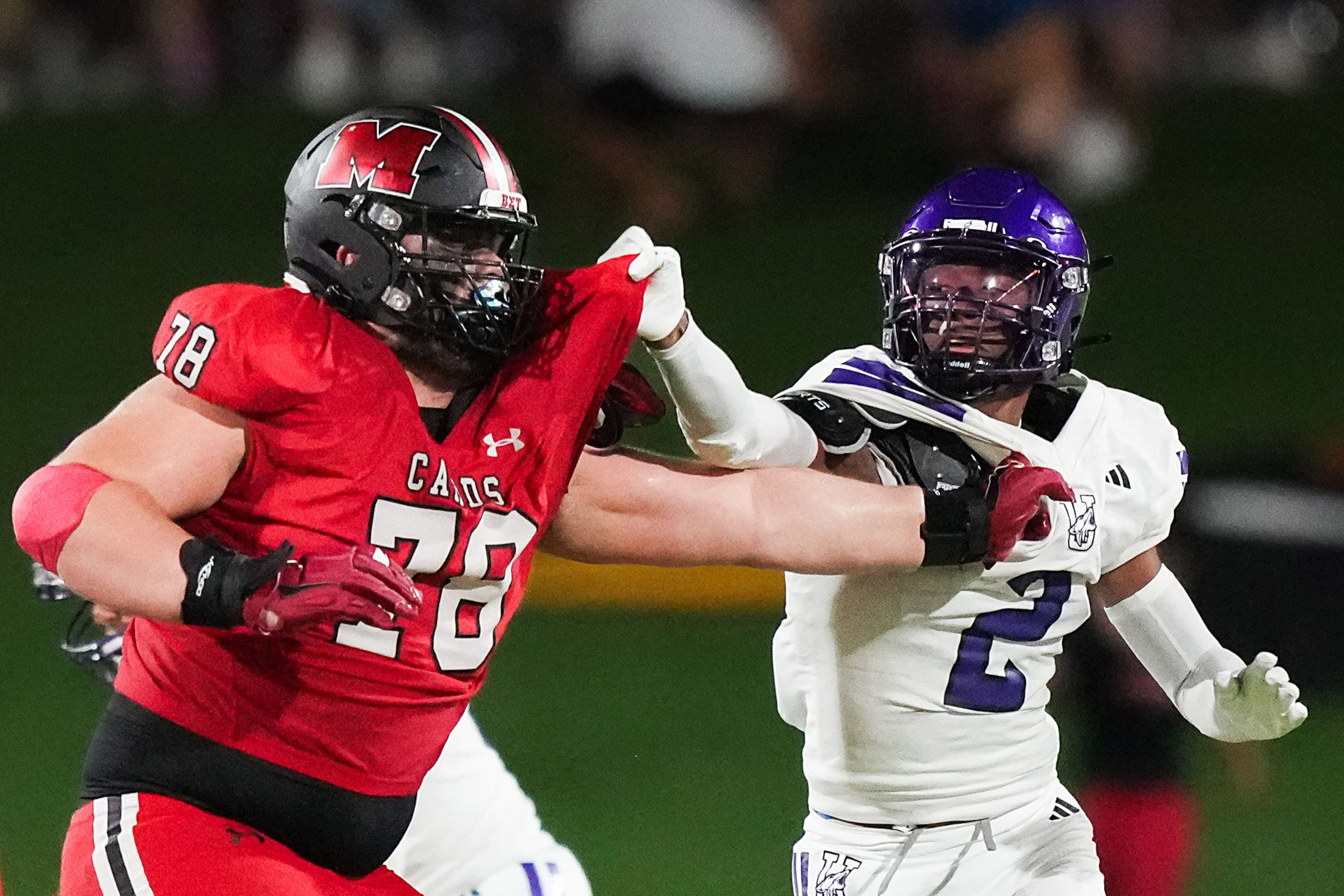 Melissa offensive lineman Owen Hollenbeck (78) tussles with Anna defensive back Zadian...