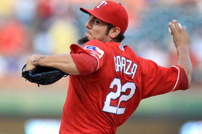 Texas pitcher Matt Garza is pictured during the Houston Astros vs. the Texas Rangers major...