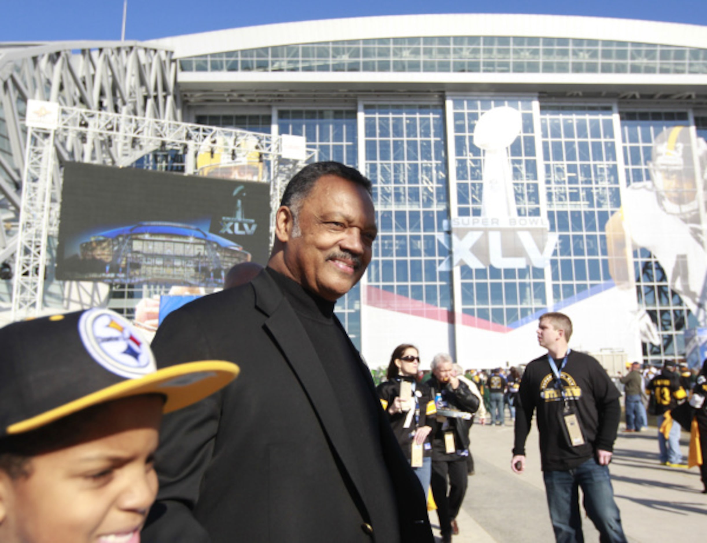 The Rev. Jesse Jackson arrives at Cowboys Stadium in Arlington, Texas on February 6, 2011,...