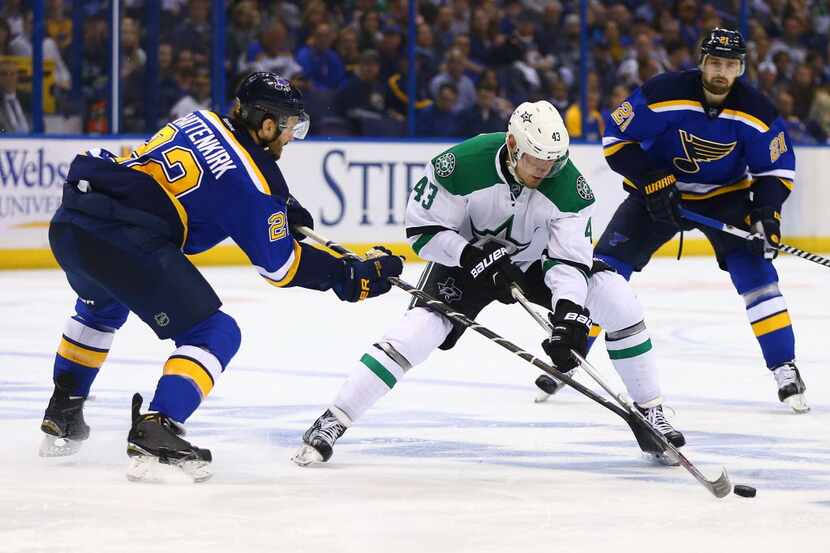 ST. LOUIS, MO - MAY 5:  Valeri Nichushkin #43 of the Dallas Stars controls the puck against...