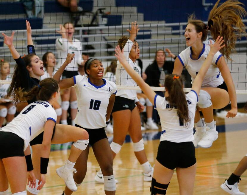 Byron Nelson High School's Paige Flickinger (8), Gia Santini, in black, Charitie Luper (10),...