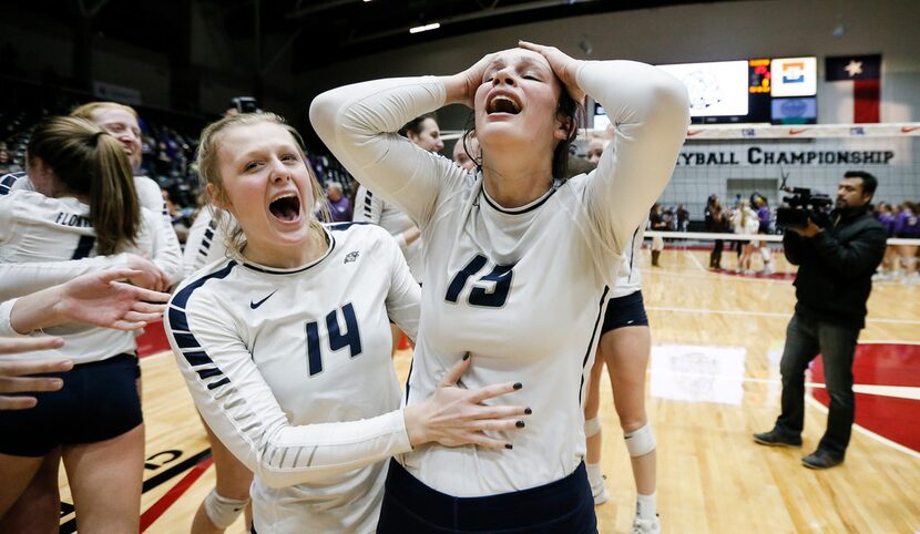 Flower Mound seniors Ashley Miller (14) and Reagan Hooper (15) celebrate winning the Class...