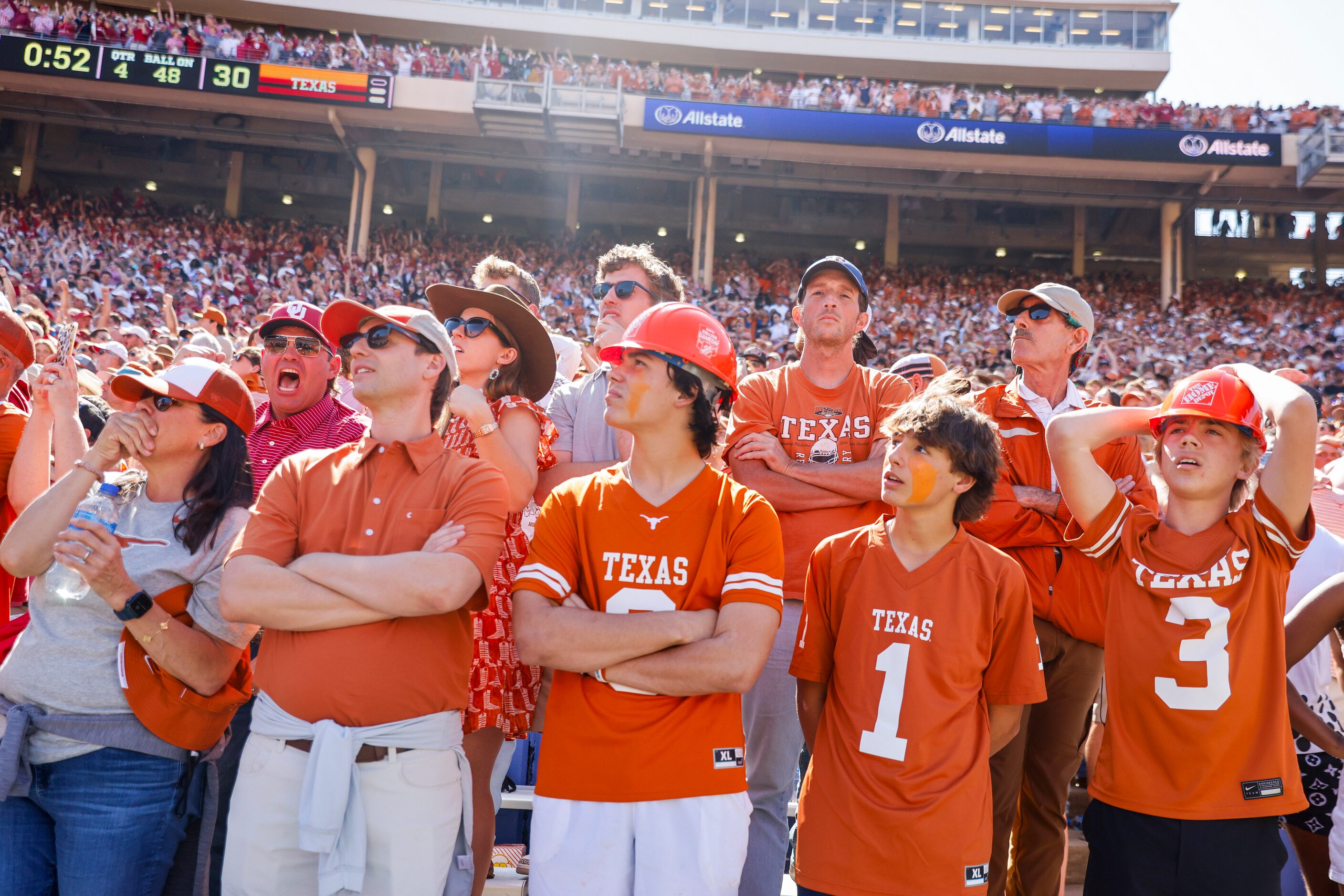 Texas fans remains disappointed after Oklahoma scored a touchdown with 15 seconds left on...