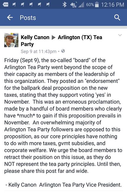 Kelly Canon posted this on Facebook after the Arlington Tea Party's board of directors voted...