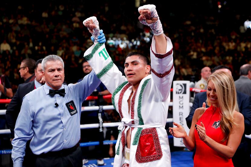 Vergil Ortiz Jr. celebrates his win against Mauricio Herrera in a welterweight boxing match...