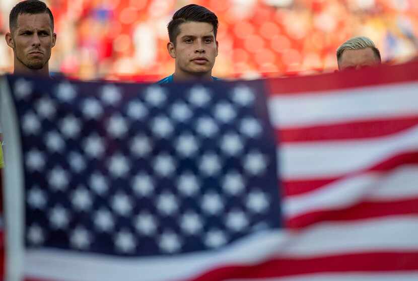 FC Dallas defender Matt Hedges (left) goalkeeper Jesse Gonzalez (center) and defender Reto...