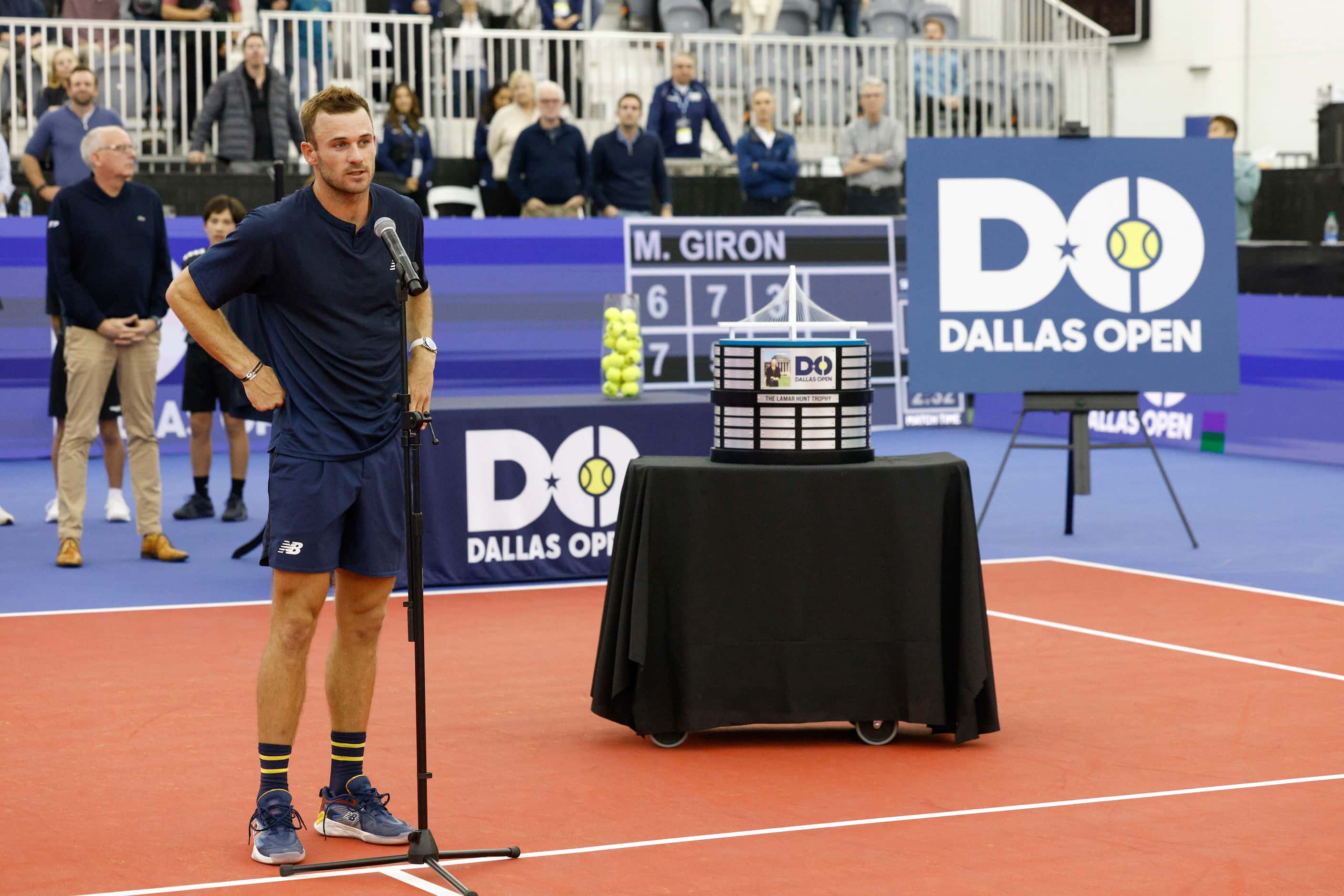 Tommy Paul of the U.S. speaks after winning the ATP Dallas Open men's singles final match,...