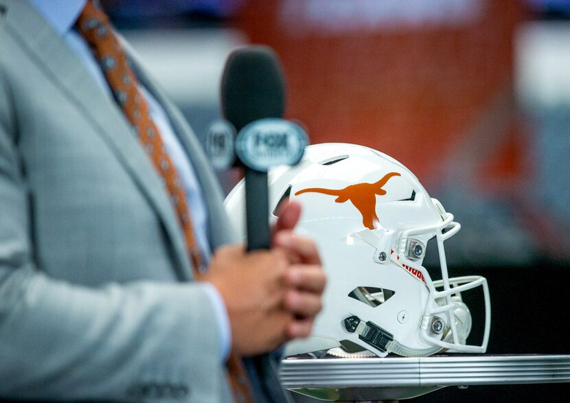 Texas head coach Tom Herman speaks with Fox Sports during Big 12 media days at AT&T Stadium...