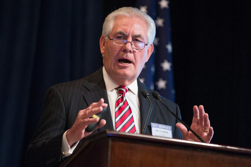 FILE - In this Friday, March 27, 2015 file photo, ExxonMobil CEO Rex Tillerson delivers...