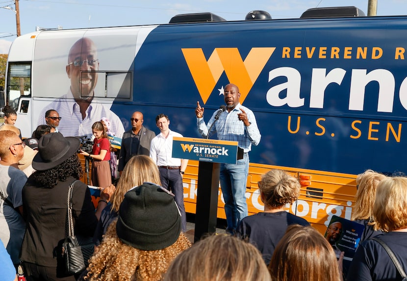 U.S. Sen. Raphael Warnock, D-Ga., speaks at a campaign event in Clarkston, Ga., on Thursday,...