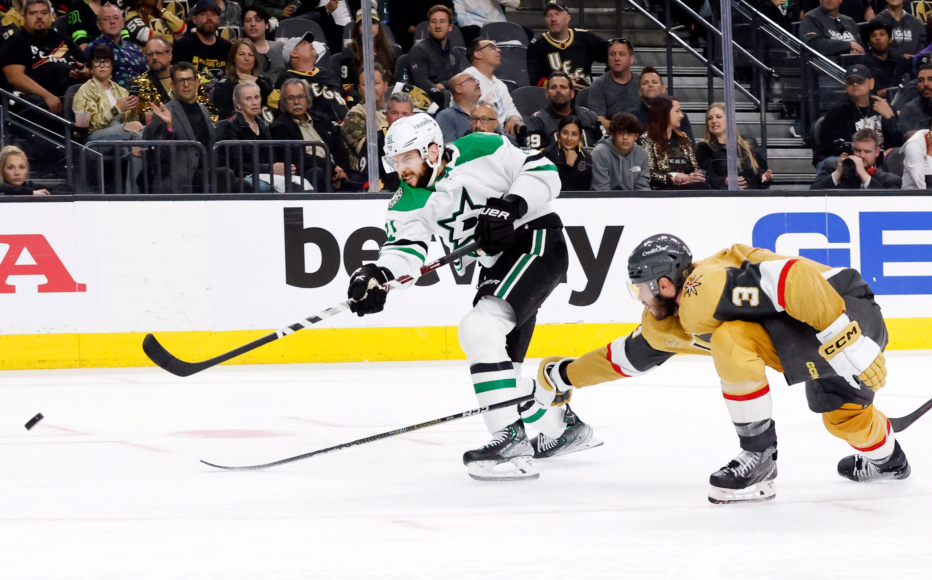 Dallas Stars center Tyler Seguin (91) takes a shot during the second period in Game 1 of the...