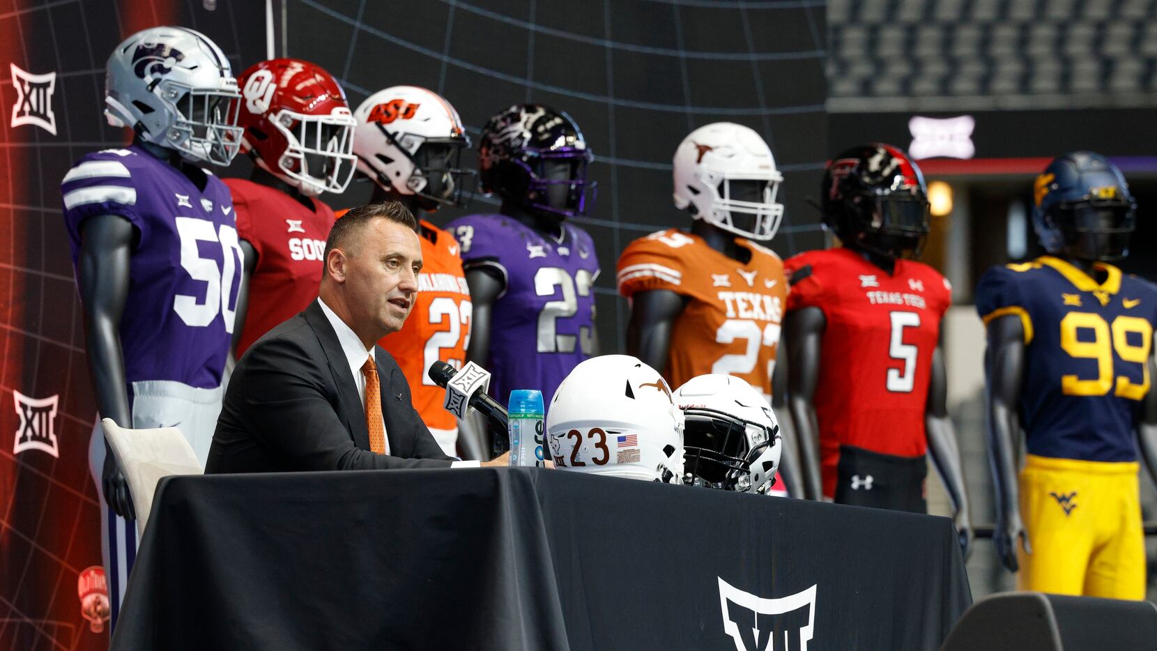 Texas head coach Steve Sarkisian speaks during the Big 12 Media Days at AT&T Stadium,...