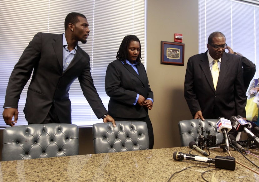 Dallas Cowboys player Dez Bryant, his mother Angela Bryant and attorney Royce West, at a...