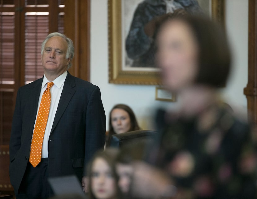 Democratic state Sen. Kirk Watson listens to Republican state Sen. Lois Kolkhorst, author of...