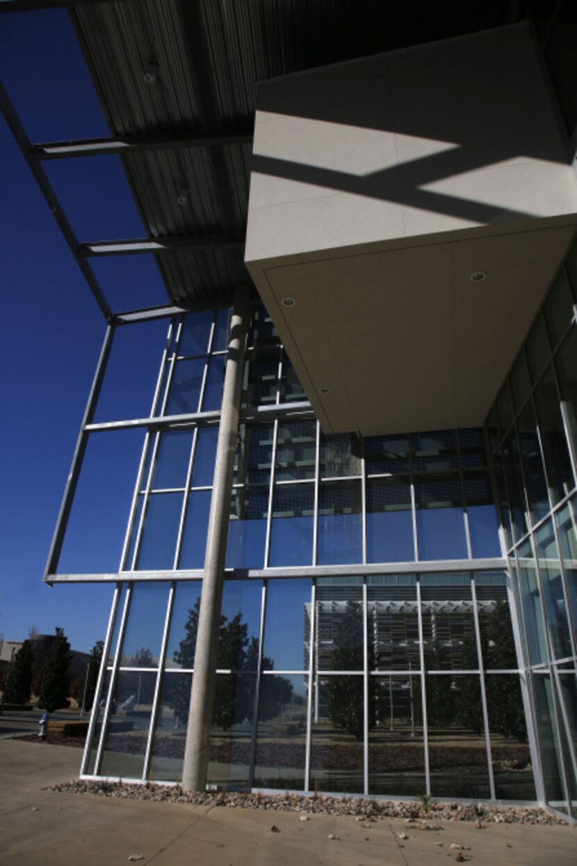 An exterior photo of the front entrance of the Edith O'Donnell Arts and Technology Building...