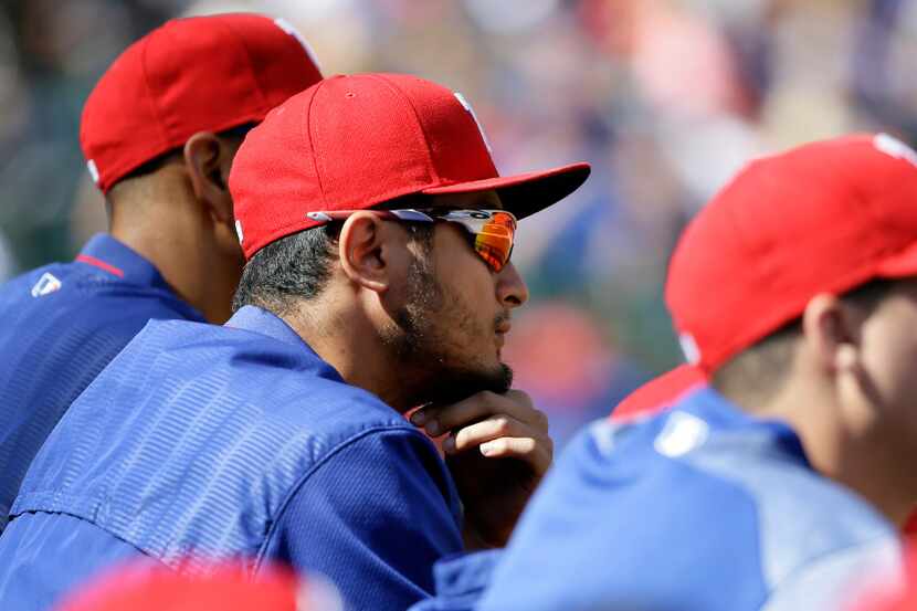 Texas Rangers' Yu Darvish, of Japan, watches play against the Los Angeles Angels in the...
