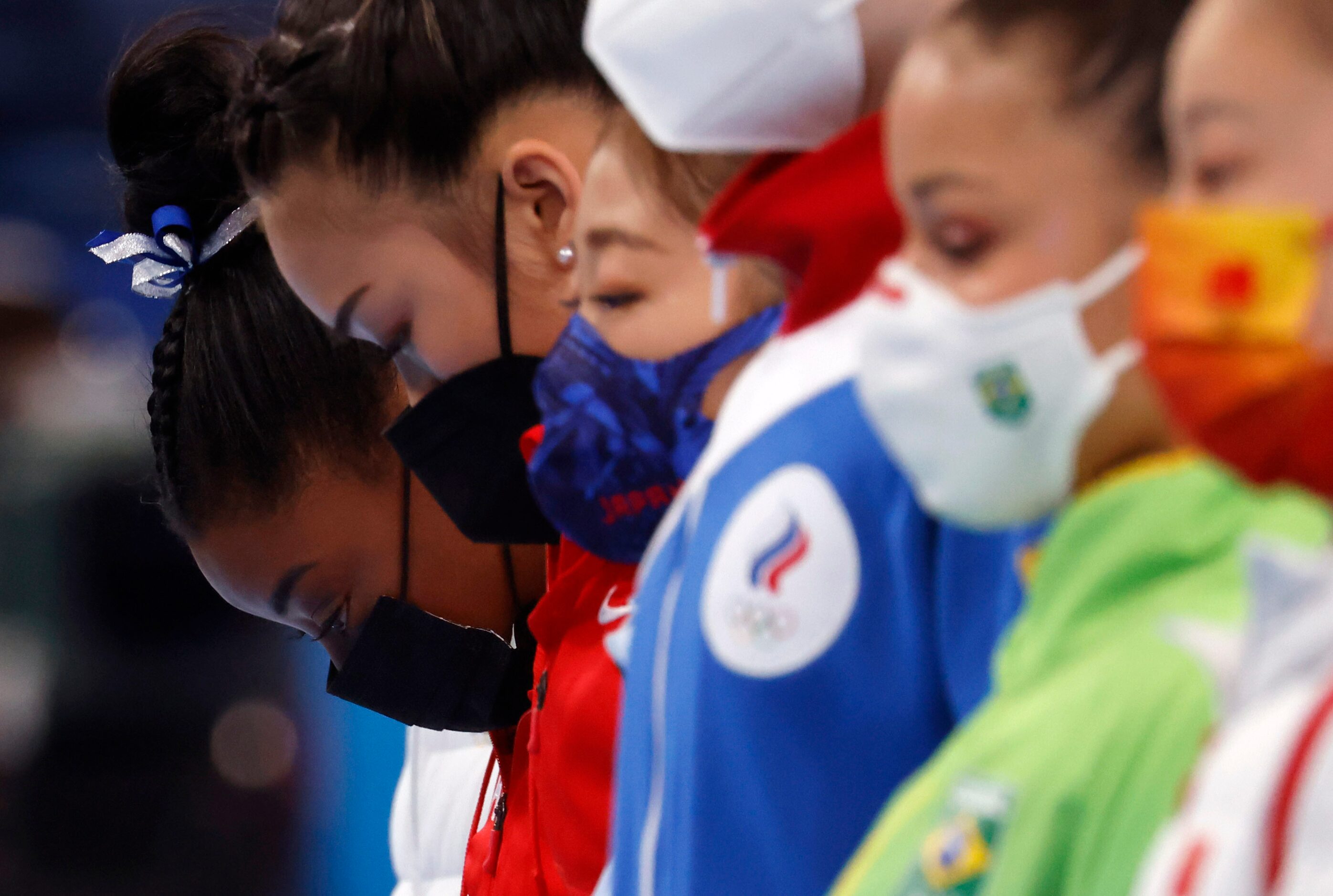 USA’s Simone Biles in line during introductions of the gymnasts for the balance beam final...