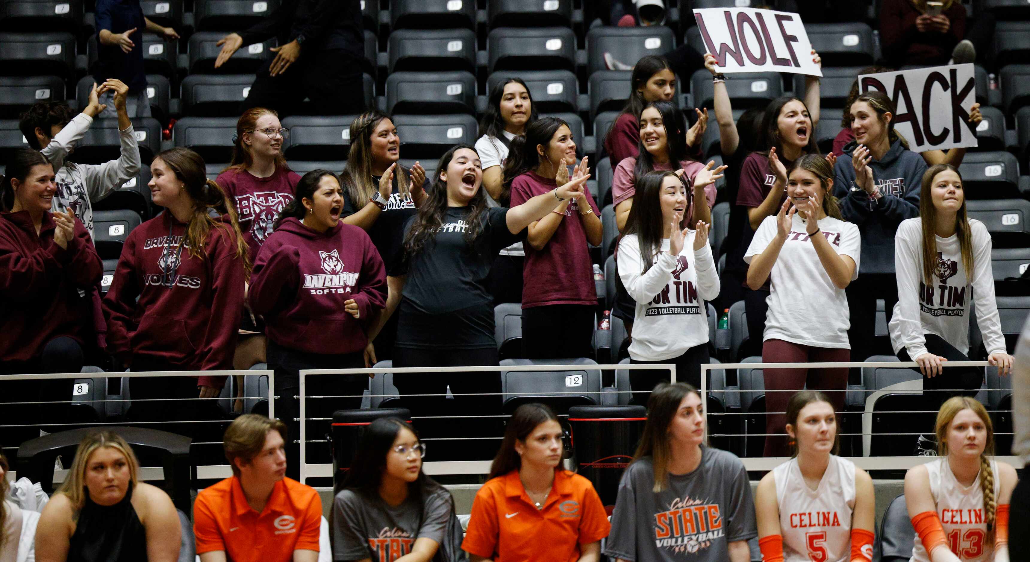 Comal Davenport fans cheer in the second set against Celina during a UIL class 4A volleyball...