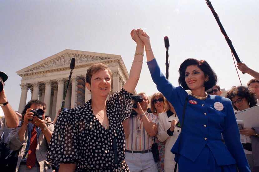 In this April 26, 1989 file photo, Norma McCorvey, Jane Roe in the 1973 court case, left,...
