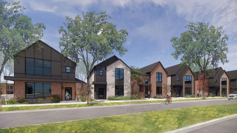 A rendering of single-family homes with front-facing garages in the Oxenfree community under...