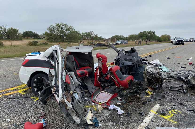 This image provided by the Texas Department of Public Safety, shows mangled vehicles at the...