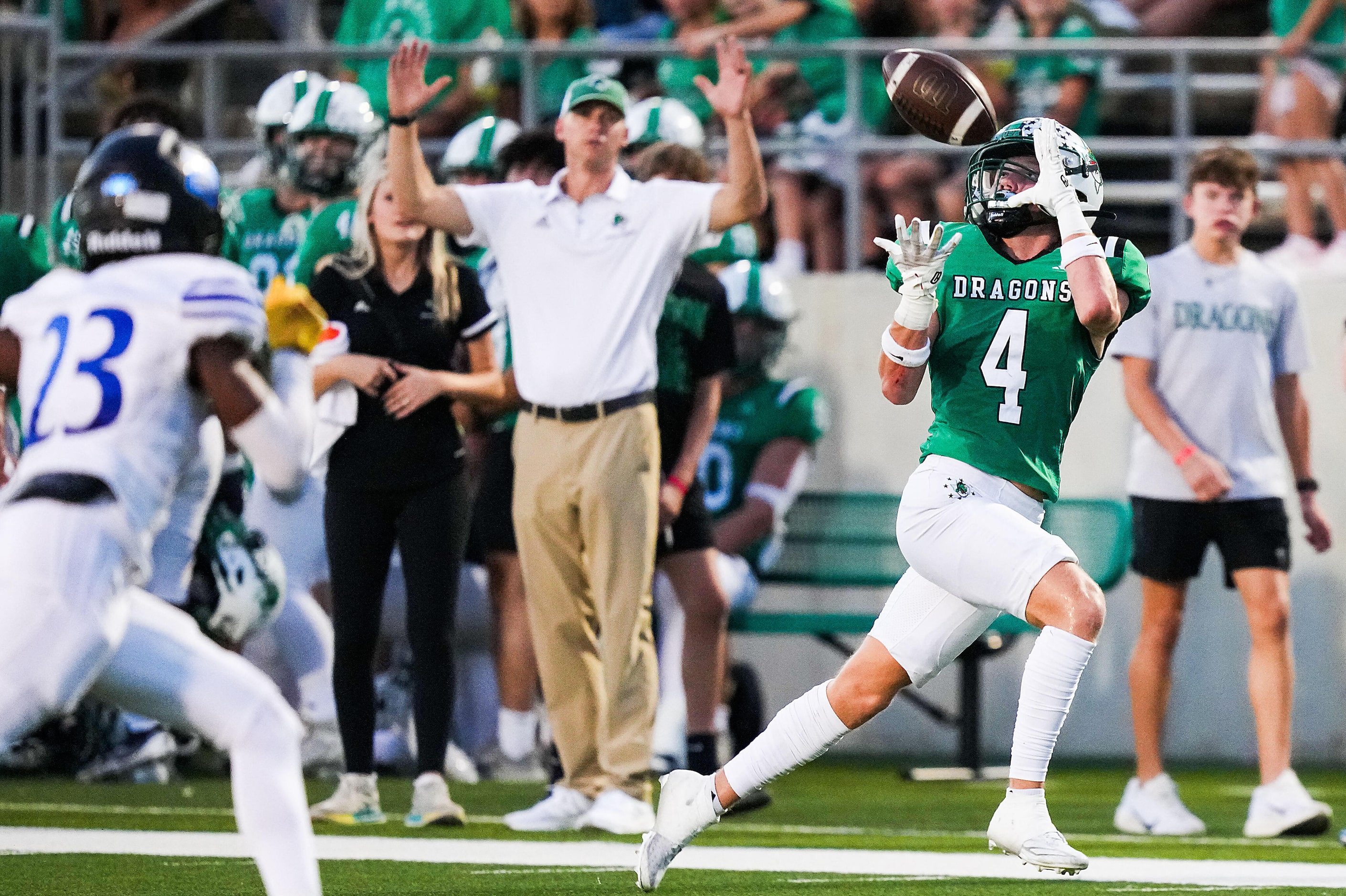 Southlake Carroll wide receiver Luc Jacquemard (4) hauls in a touchdown pass during the...