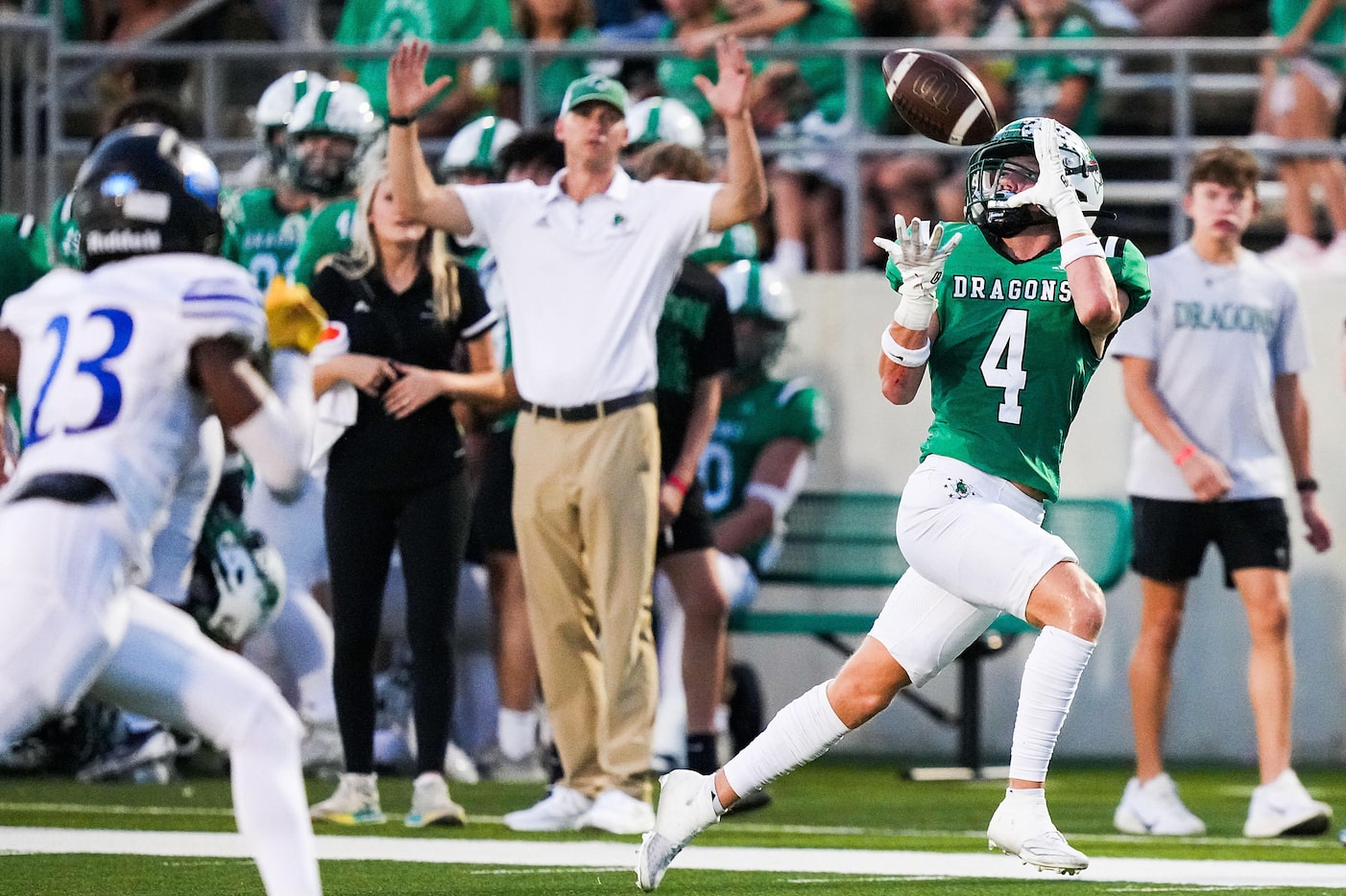 Southlake Carroll wide receiver Luc Jacquemard (4) hauls in a touchdown pass during the...